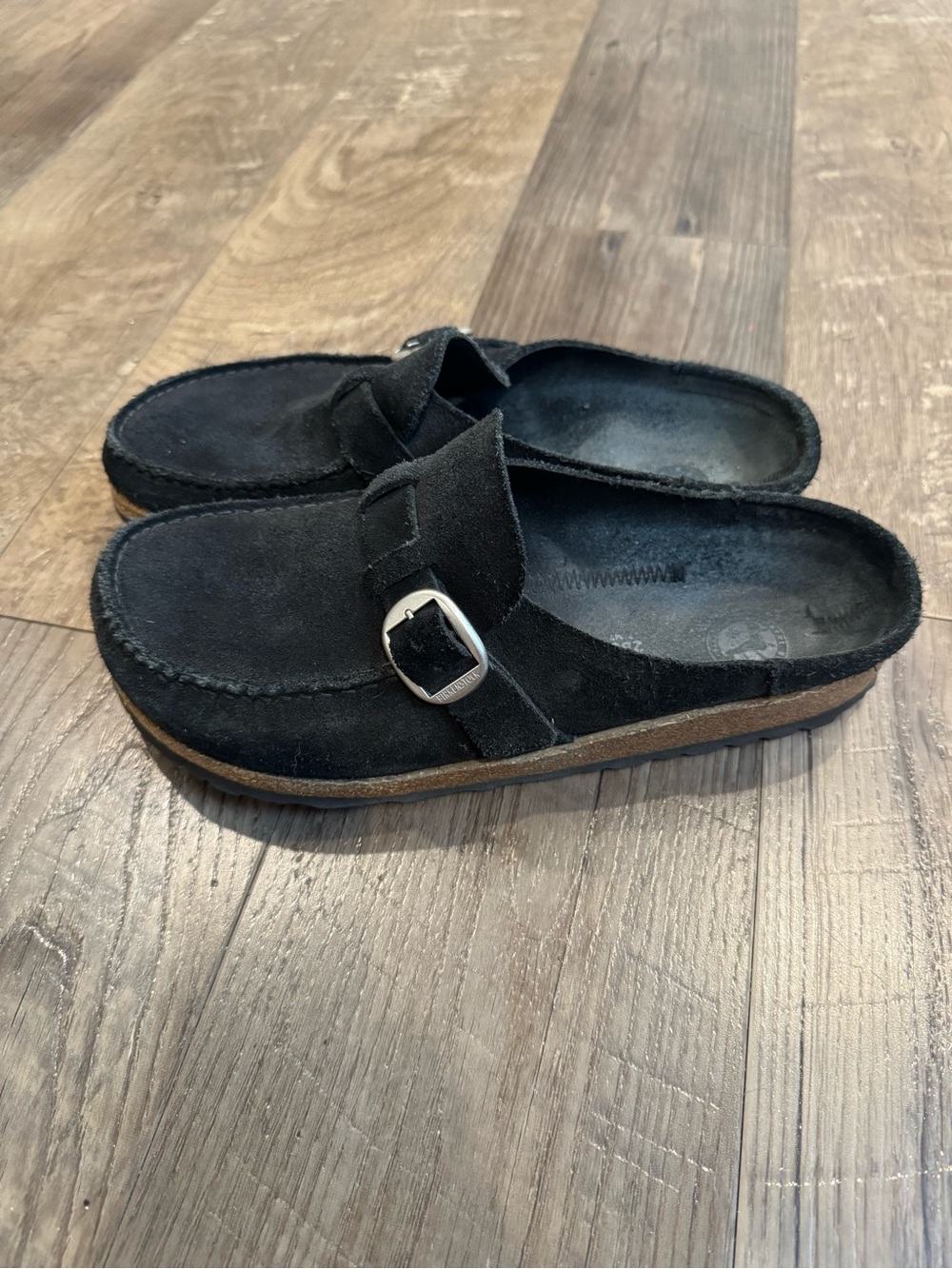 Birkenstock Black Suede Slip-On Buckle Clogs